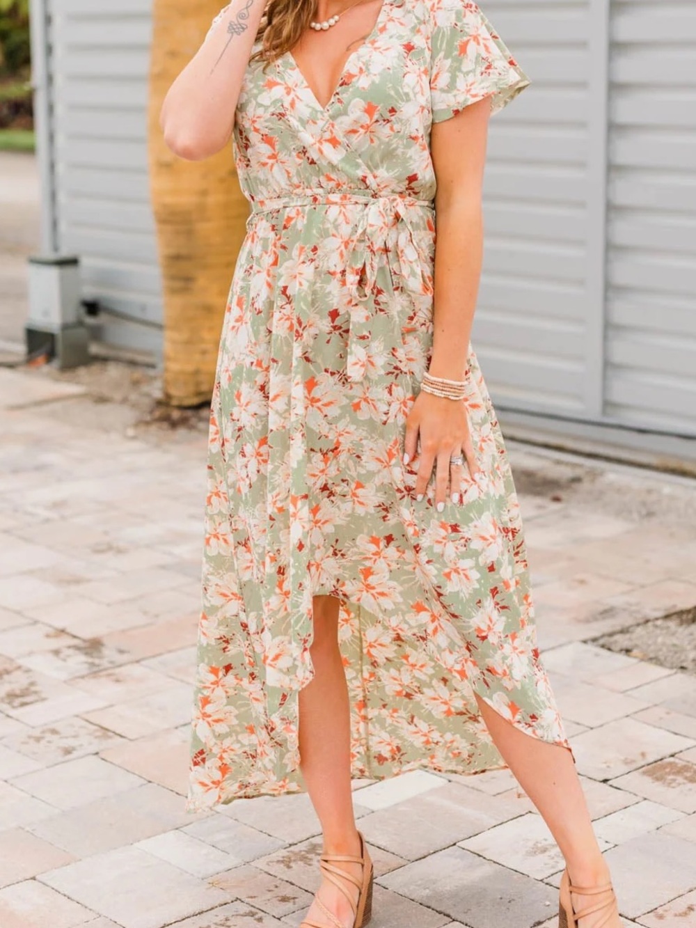 STACCATO Sage Green Floral High-Low Maxi Dress Flutter Sleeve Small